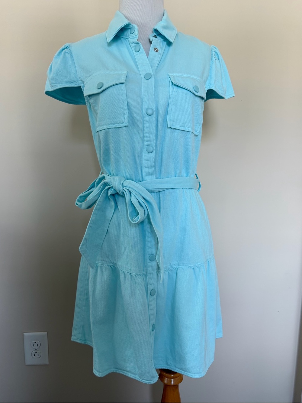 New-Alice + Olivia Jeans Miranda puff sleeve belted dress in blue-Size-4